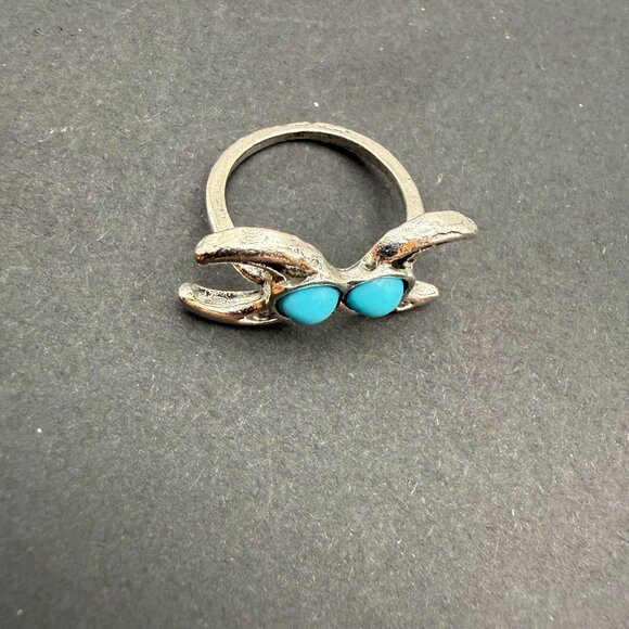 VTG Silver Tone Crescent Turquoise Double Stone Ring Boho Y2K Statement Jewelry - Picture 3 of 8